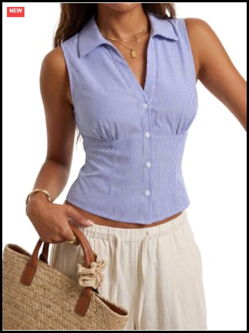 Striped Sleeveless Button Down Tank Top with Ruched Waist